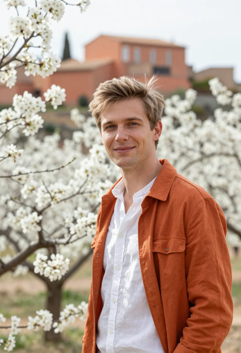 AI luberon cherry blossom april white ochre sample — portrait of a man, a traveller in his late twenties with fai