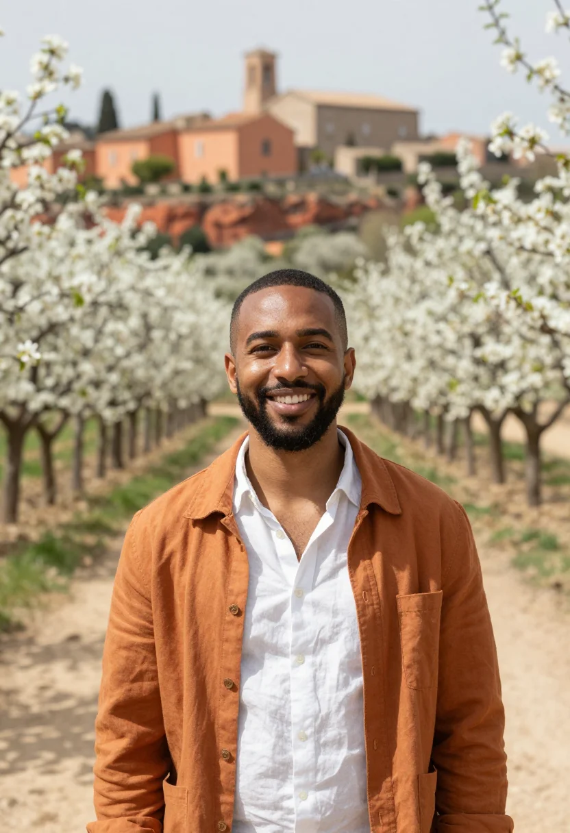 AI luberon cherry blossom april white ochre sample — portrait of a man, a traveller in his thirties with deep bro