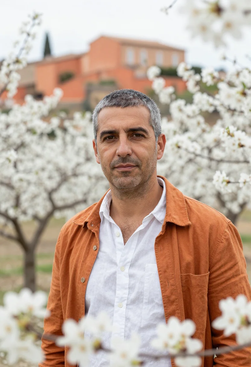 AI luberon cherry blossom april white ochre sample — portrait of a man, a traveller in his forties with sun-warme