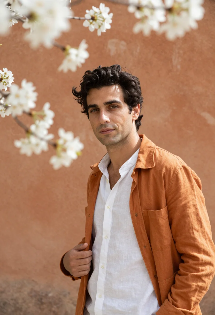 AI luberon cherry blossom april white ochre sample — portrait of a man, a traveller in his early thirties with go