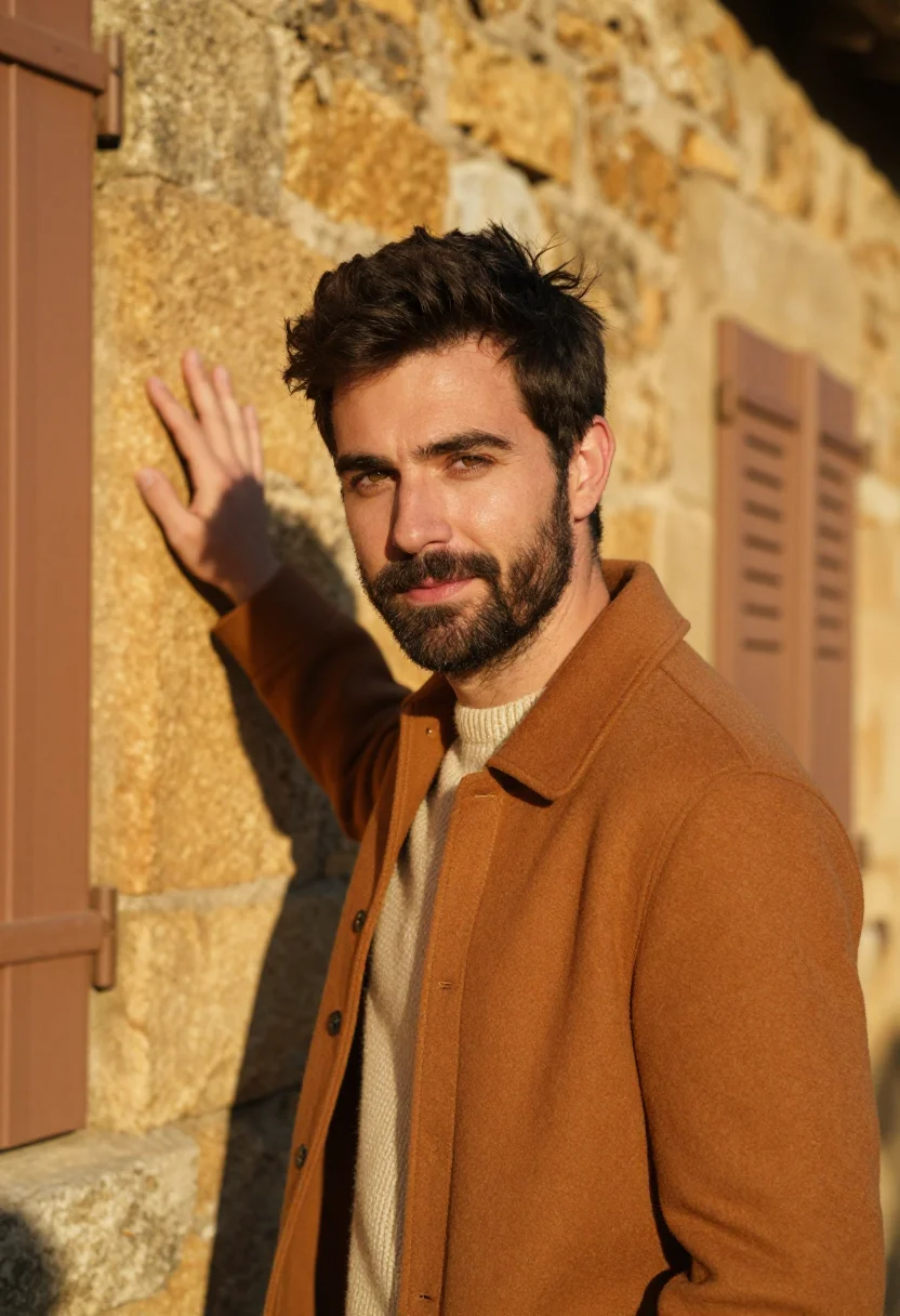 AI luberon village november ochre sample — portrait of a man, framed chest-up, cropped at the ribs, the