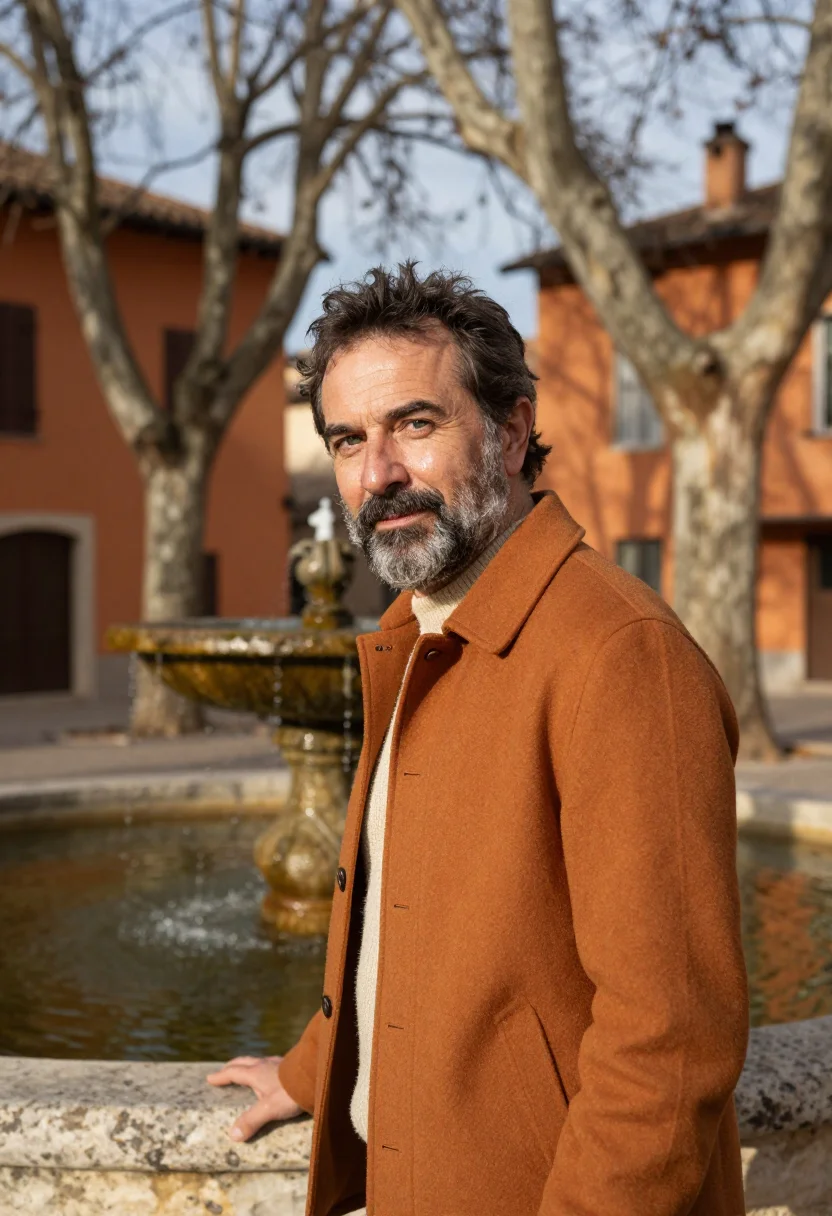 AI luberon village november ochre sample — portrait of a man, framed chest-up, cropped at the ribs, the