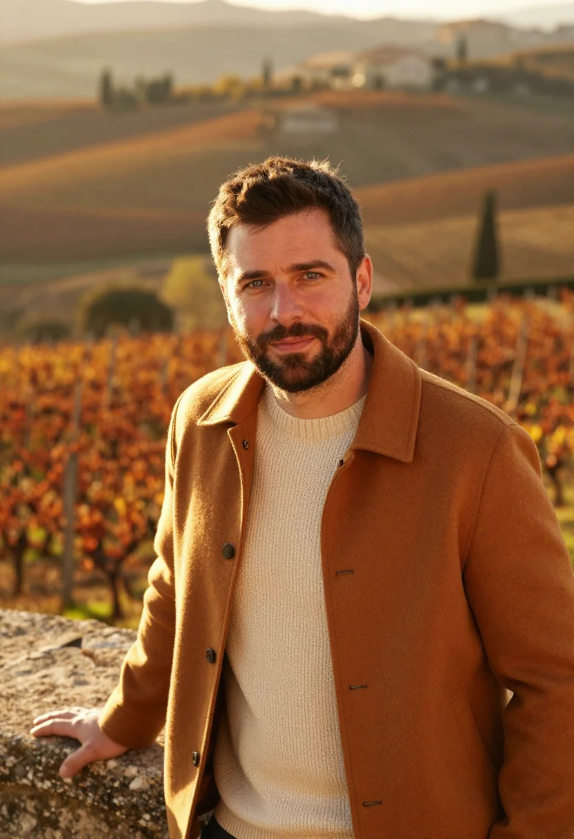 AI luberon village november ochre sample — portrait of a man, framed chest-up, cropped at the ribs, the