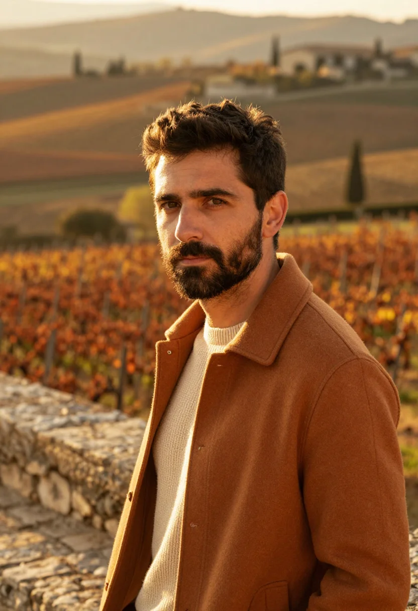 AI luberon village november ochre sample — portrait of a man, framed tight, head and shoulders, the bod