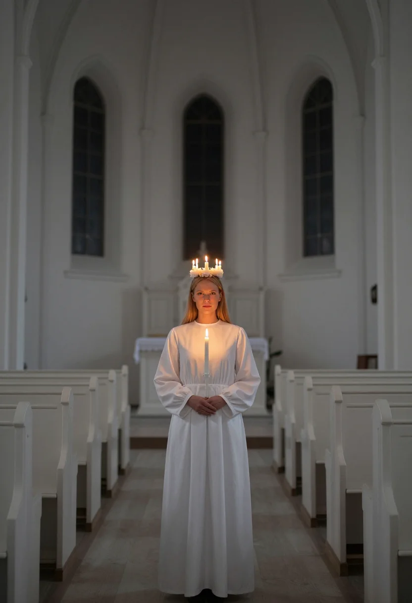 AI lucia white candles sample — portrait of a woman, framed wide from the church door down t