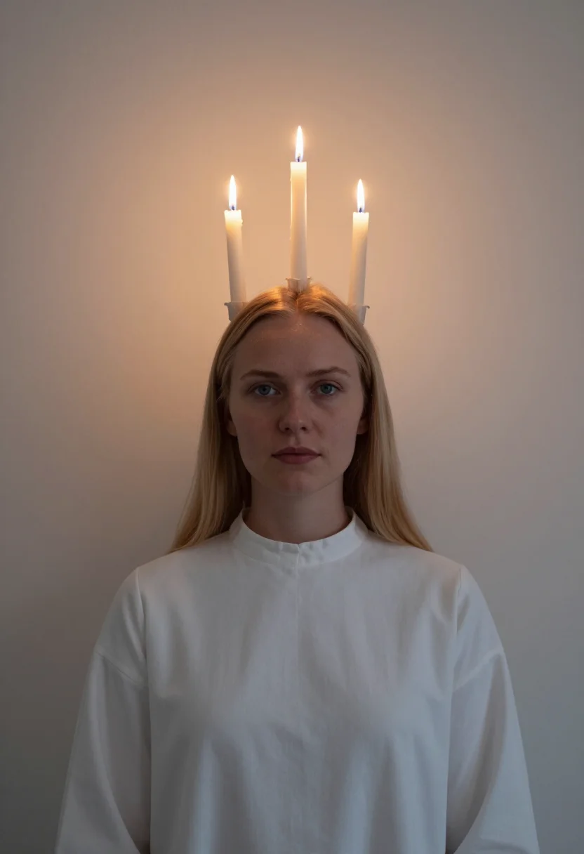 AI lucia white candles sample — portrait of a woman, framed tight, head and shoulders, the b