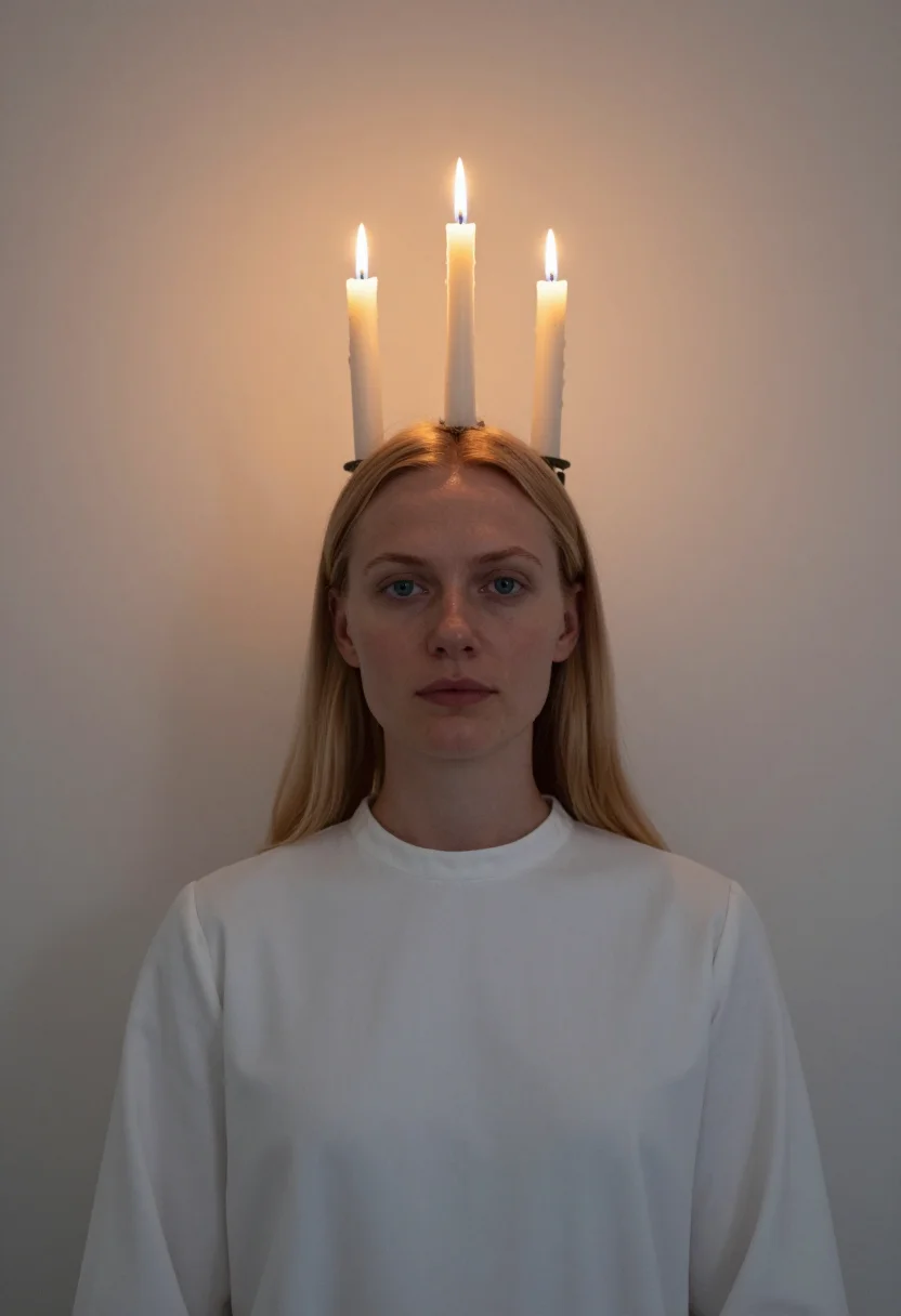 AI lucia white candles sample — portrait of a woman, framed tight from slightly below, head