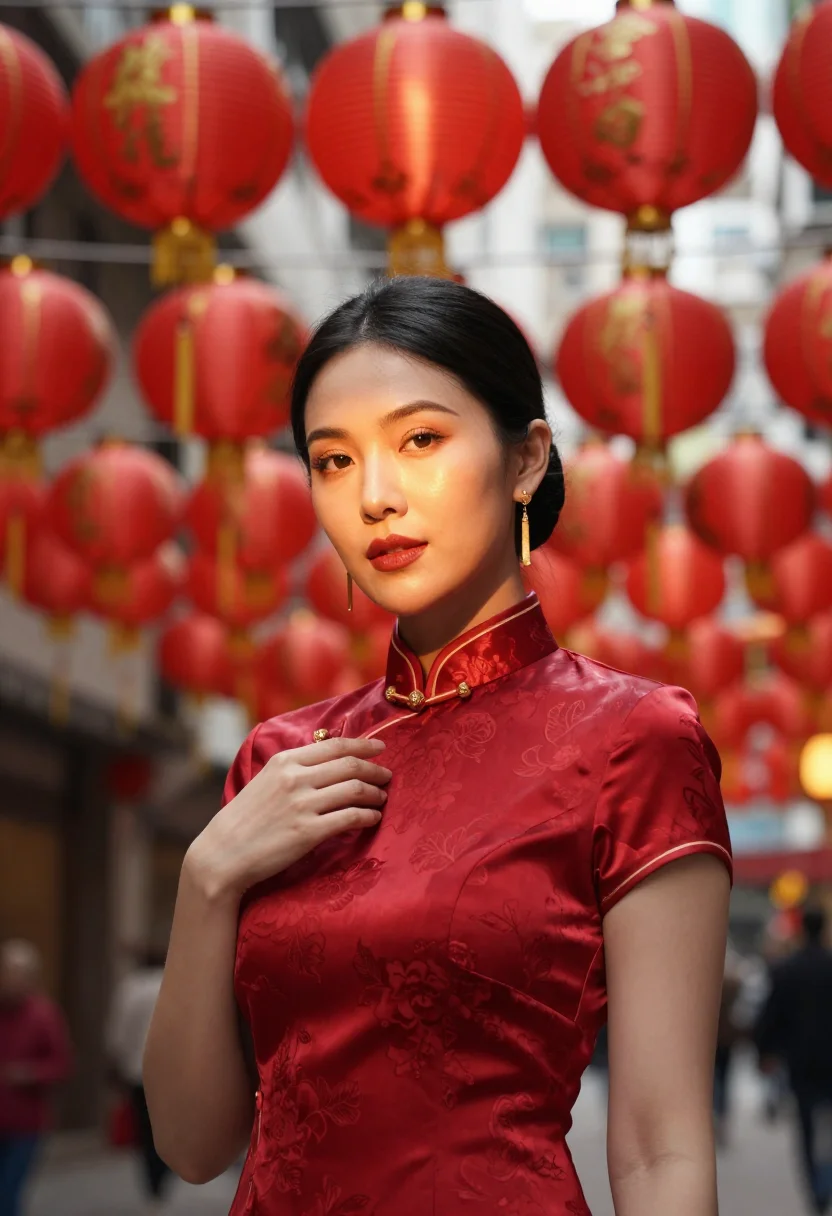AI lunar new year hong kong gold sample — portrait of a woman, framed chest-up from the ribs with the