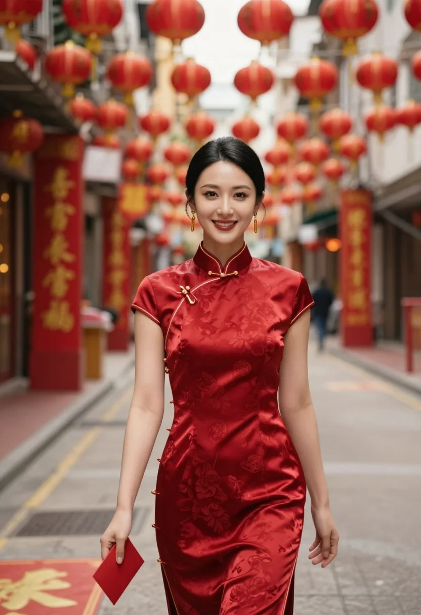 AI lunar new year hong kong gold sample — portrait of a woman, framed half-length from the waist up wi