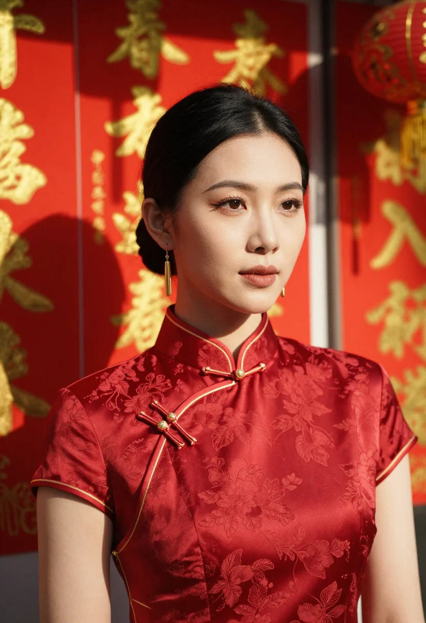 AI lunar new year hong kong gold sample — portrait of a woman, framed tight, head and shoulders, the b