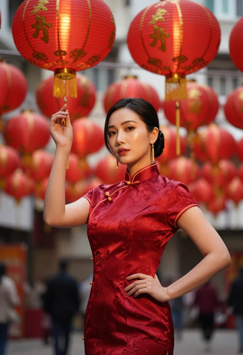 AI lunar new year hong kong gold sample — portrait of a woman, framed half-length from the waist up wi