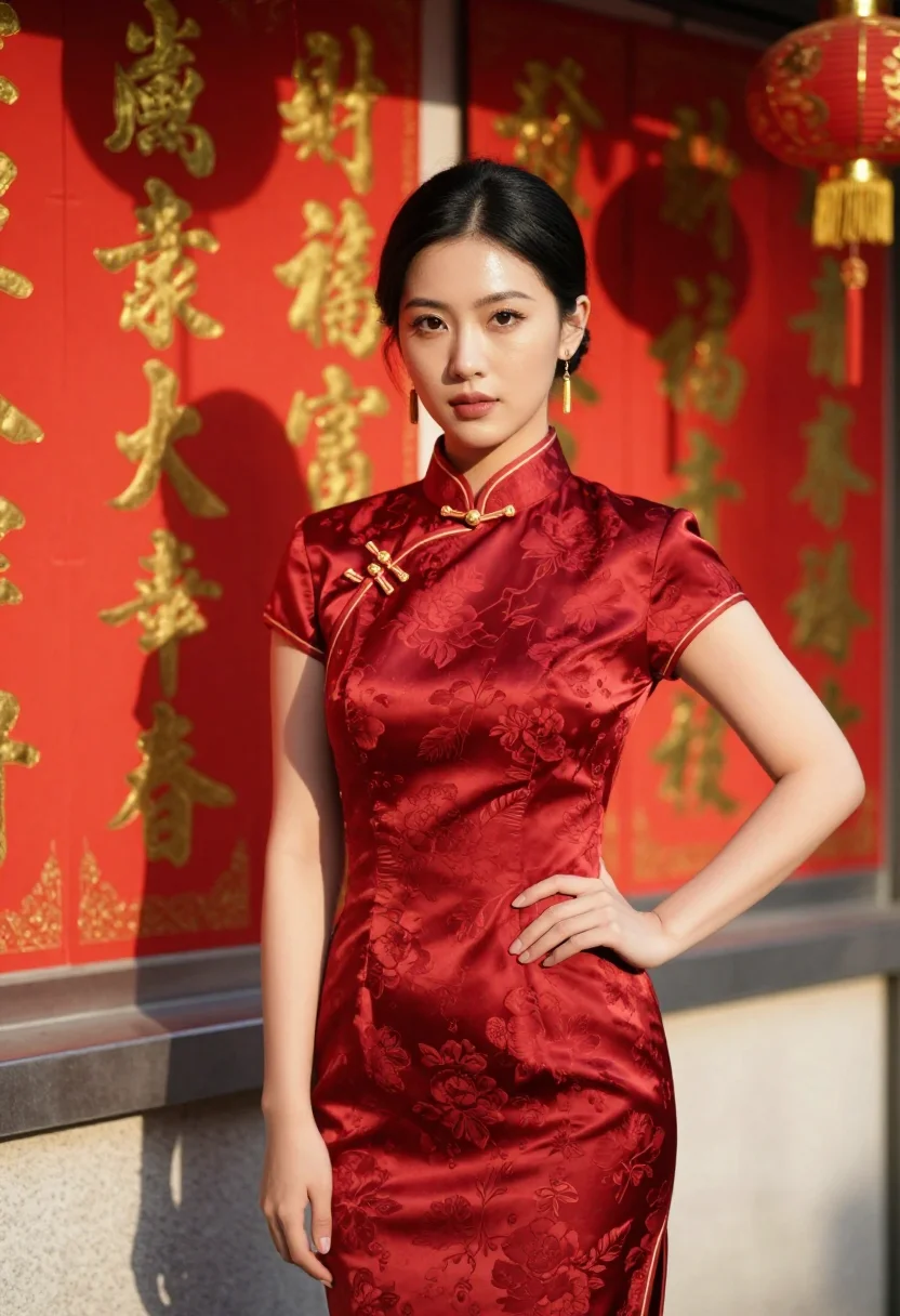 AI lunar new year hong kong gold sample — portrait of a woman, framed three-quarter length from mid-th