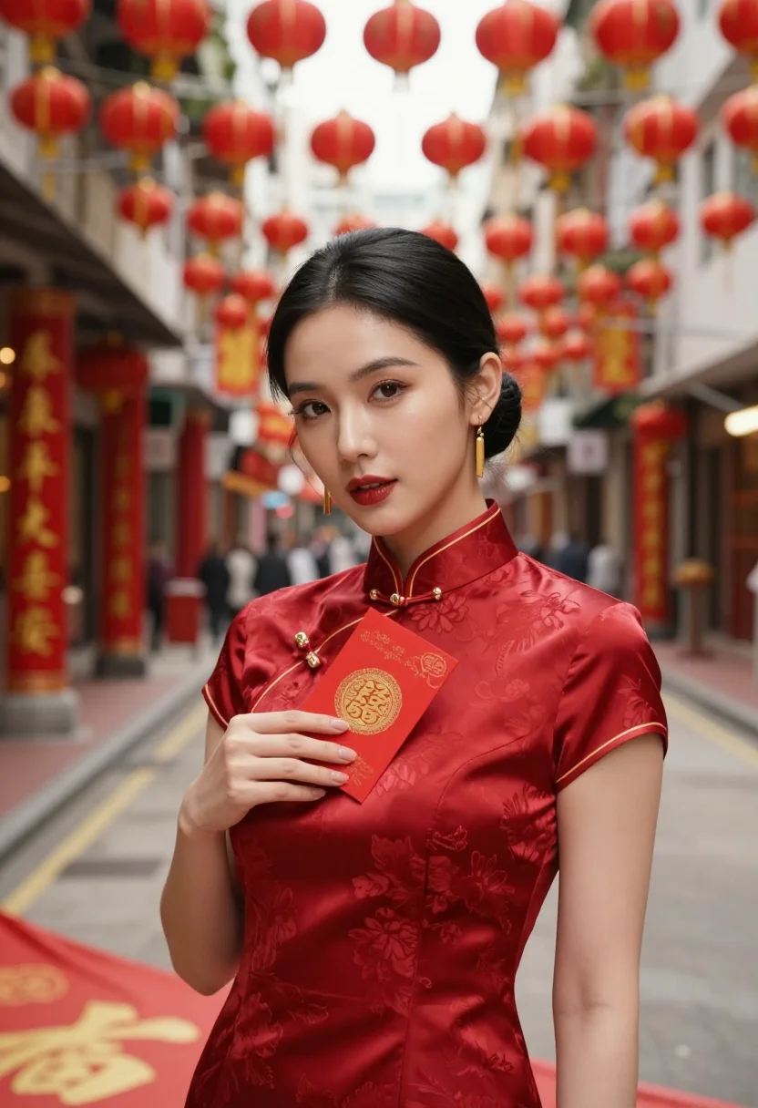AI lunar new year hong kong gold sample — portrait of a woman, framed chest-up from the ribs with the