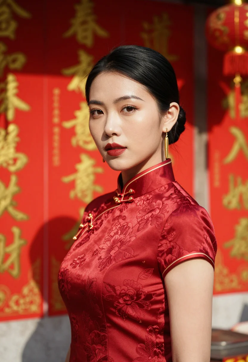 AI lunar new year hong kong gold sample — portrait of a woman, framed chest-up from the ribs with the