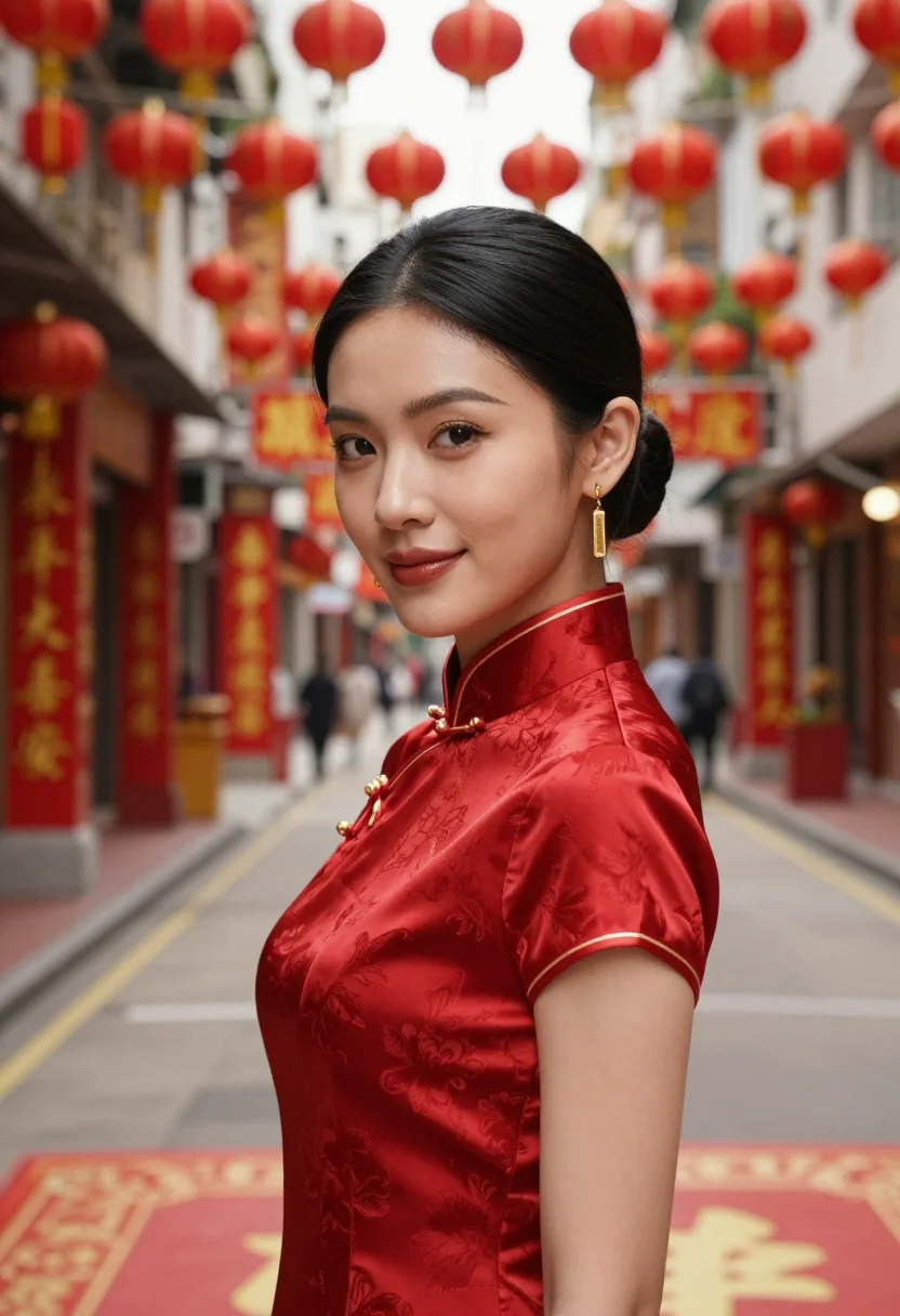 AI lunar new year hong kong gold sample — portrait of a woman, framed tight, head and shoulders, the b