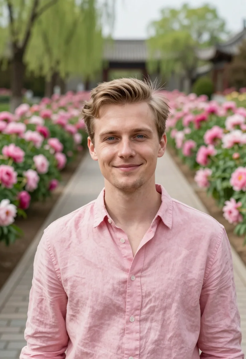 AI luoyang peony april pink sample — portrait of a man, an English traveller in his late twenties