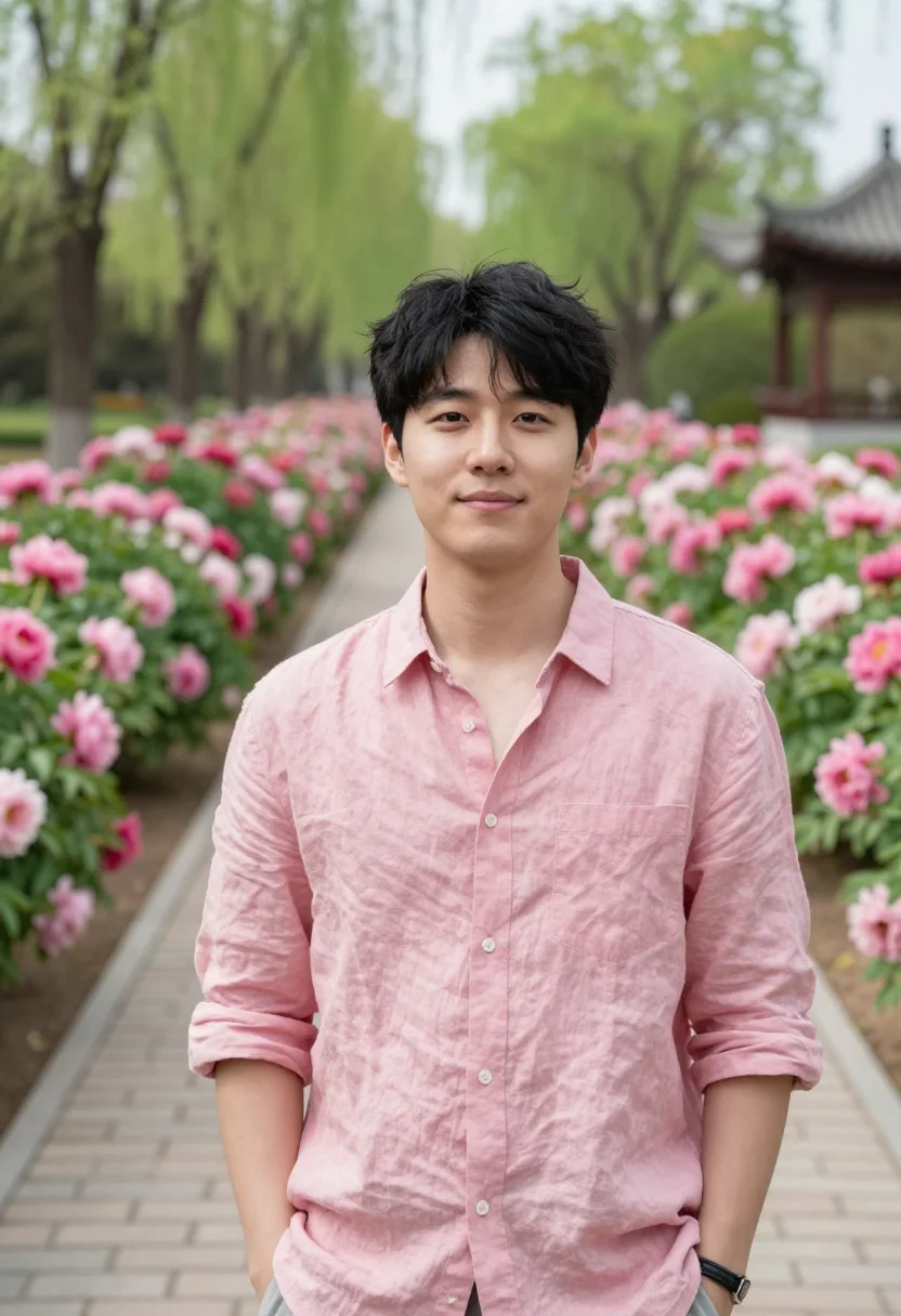 AI luoyang peony april pink sample — portrait of a man, a Korean traveller in his late twenties w