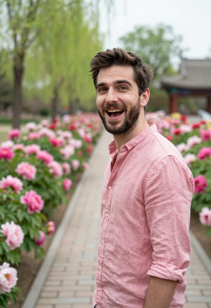 AI luoyang peony april pink sample — portrait of a man, a French traveller in his mid-thirties wi