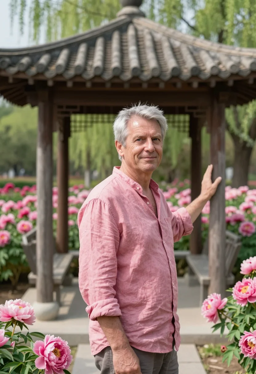 AI luoyang peony april pink sample — portrait of a man, a Dutch traveller in his fifties with wea