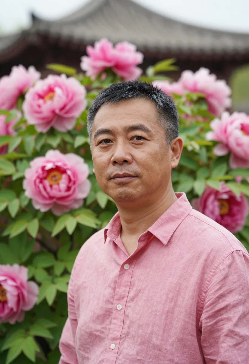 AI luoyang peony april pink sample — portrait of a man, a Chinese traveller in his forties with w