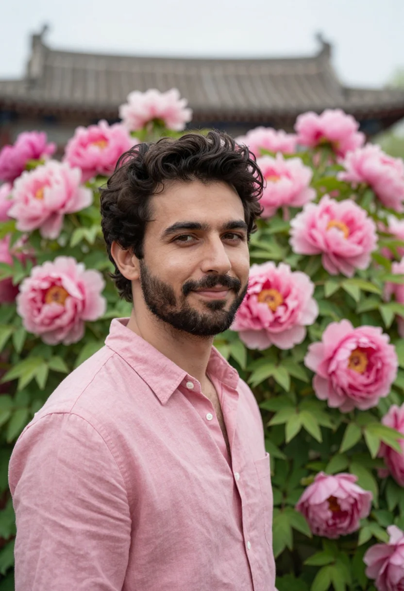 AI luoyang peony april pink sample — portrait of a man, an Italian traveller in his thirties with