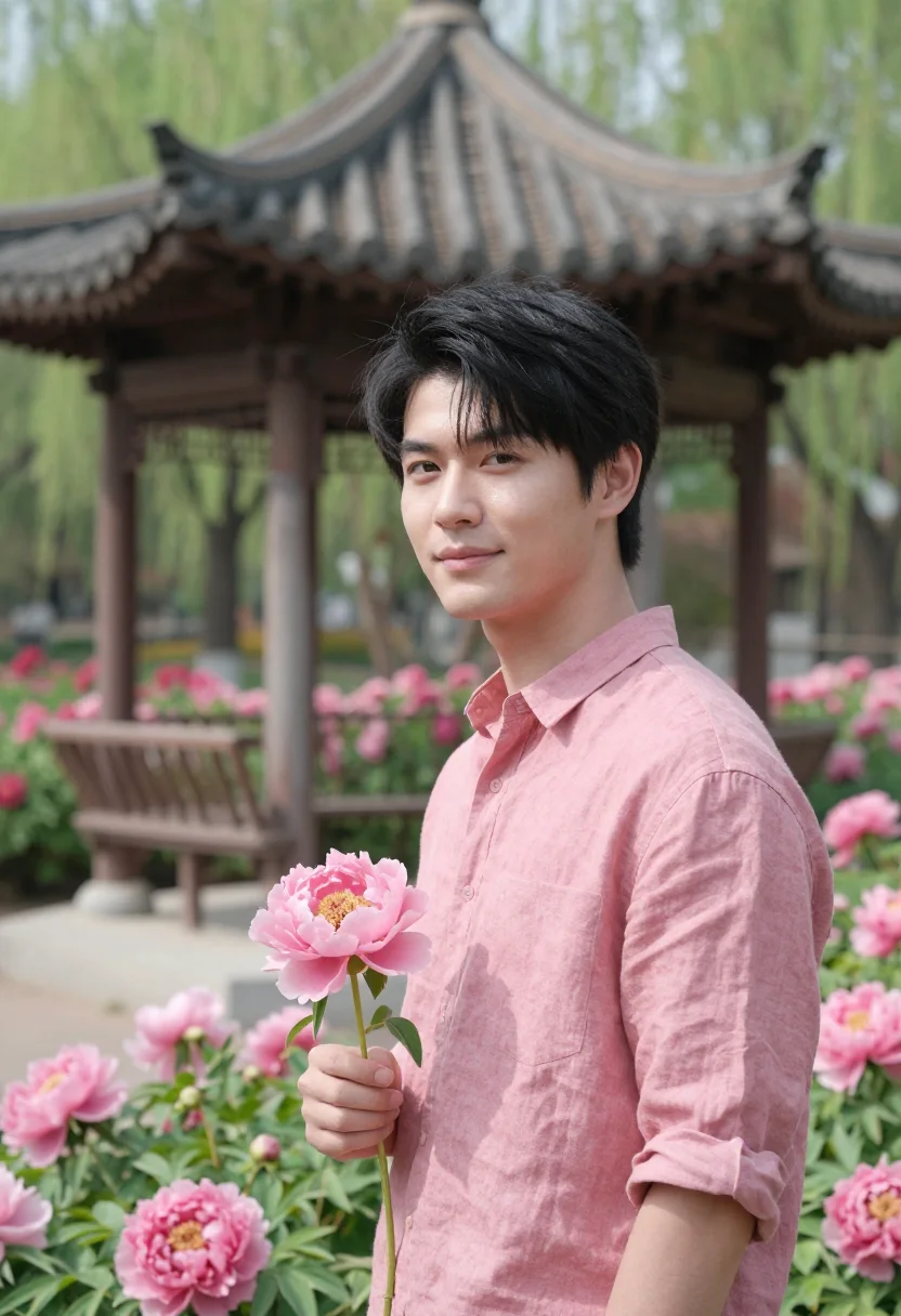 AI luoyang peony april pink sample — portrait of a man, a Chinese traveller in his early twenties