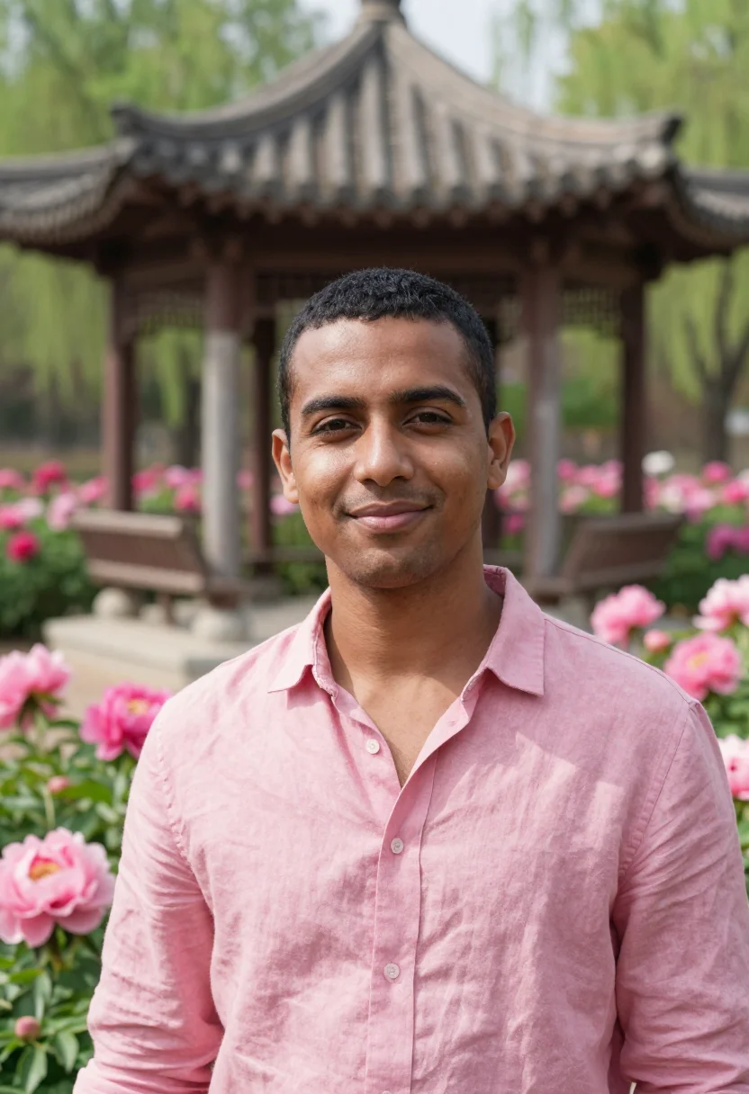 AI luoyang peony april pink sample — portrait of a man, a British traveller in his thirties with