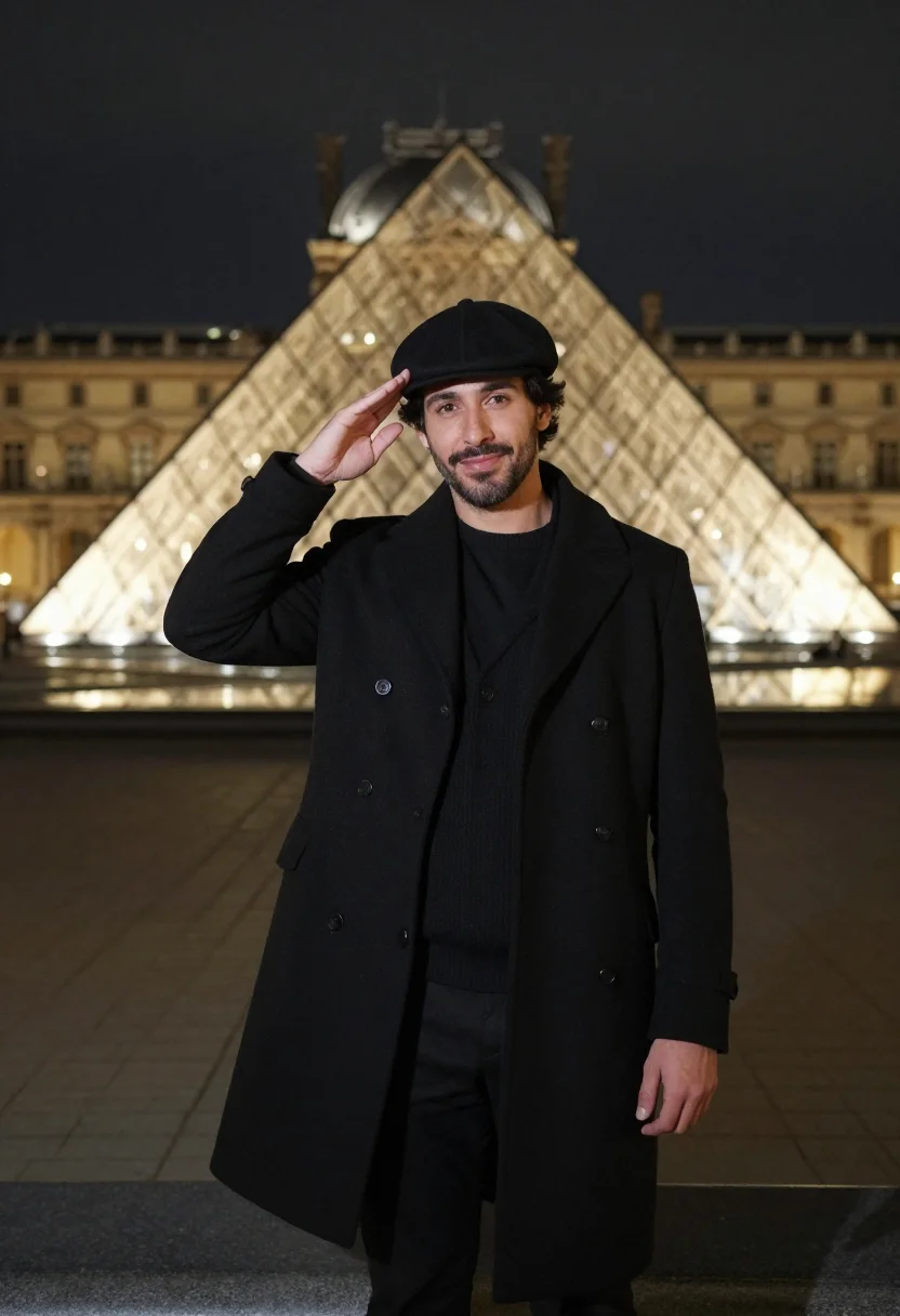 AI lupin assane louvre pyramid black sample — portrait of a man, a gentleman thief in his late thirties of