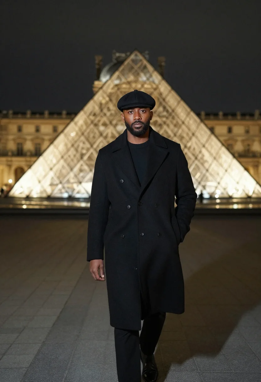 AI lupin assane louvre pyramid black sample — portrait of a man, a gentleman thief in his early forties of