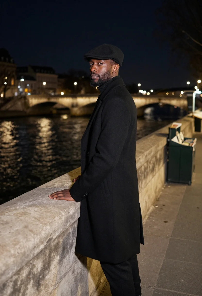 AI lupin assane louvre pyramid black sample — portrait of a man, a gentleman thief in his late thirties of