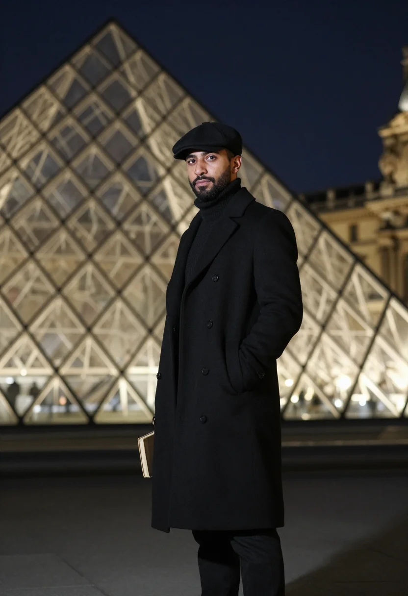 AI lupin assane louvre pyramid black sample — portrait of a man, a gentleman thief in his mid-thirties of