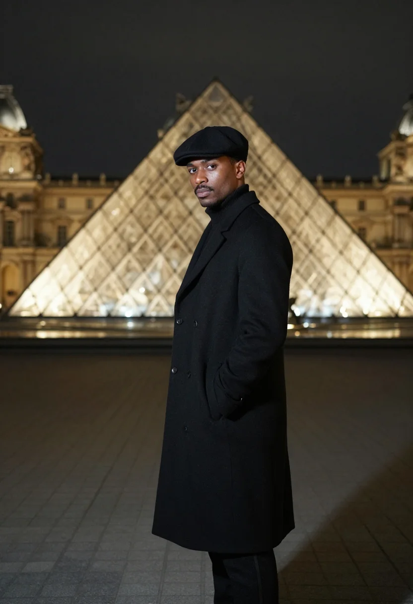 AI lupin assane louvre pyramid black sample — portrait of a man, a gentleman thief in his early thirties o