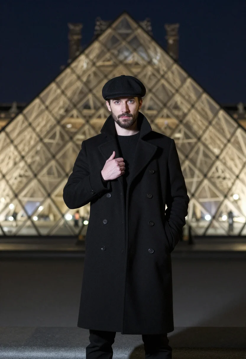 AI lupin assane louvre pyramid black sample — portrait of a man, a gentleman thief in his late thirties of
