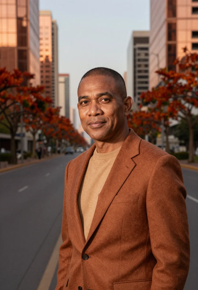 AI lusaka economist copper glass jacaranda sample — portrait of a man, a Tonga economist in his late fifties wit