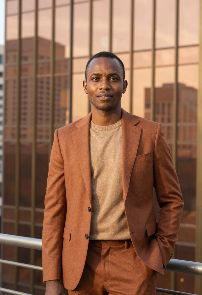 AI lusaka economist copper glass jacaranda sample — portrait of a man, a Zambian economist in his mid-forties of