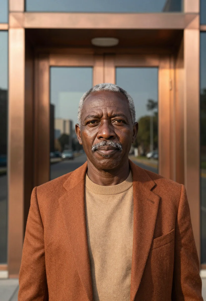 AI lusaka economist copper glass jacaranda sample — portrait of a man, a Lozi economist in his early sixties wit