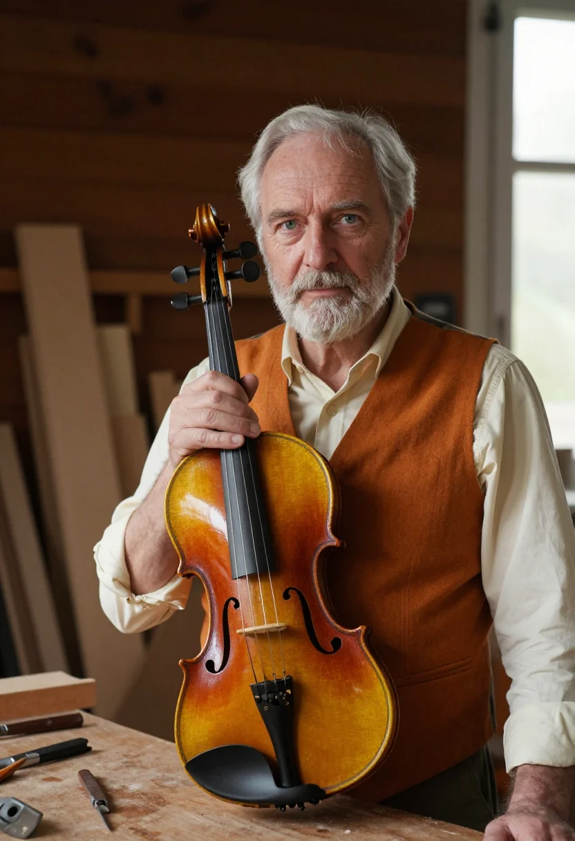 AI luthier cremona varnish amber sample — portrait of a man, framed chest-up, cropped at the ribs, the