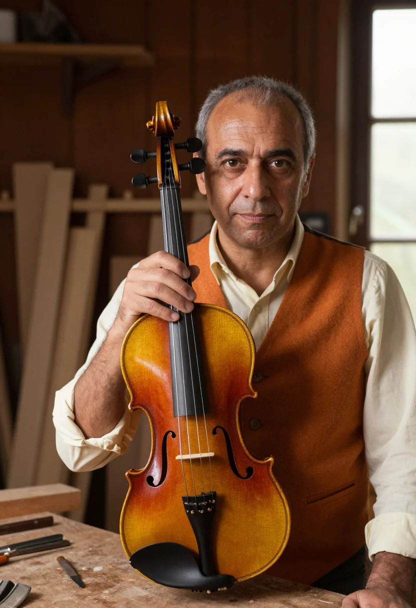 AI luthier cremona varnish amber sample — portrait of a man, framed tight, head and shoulders, the bod