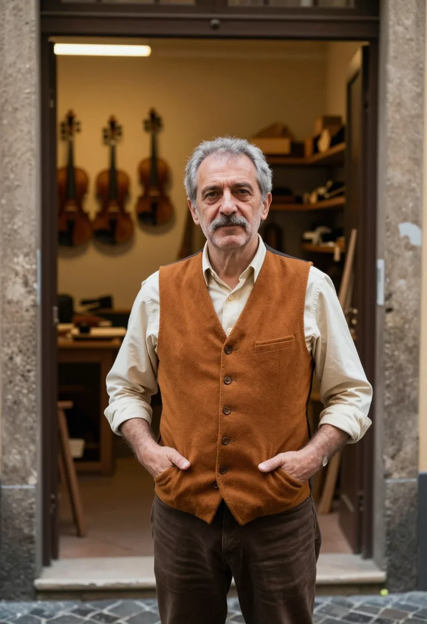 AI luthier cremona varnish amber sample — portrait of a man, framed half-length, cropped at the hips,