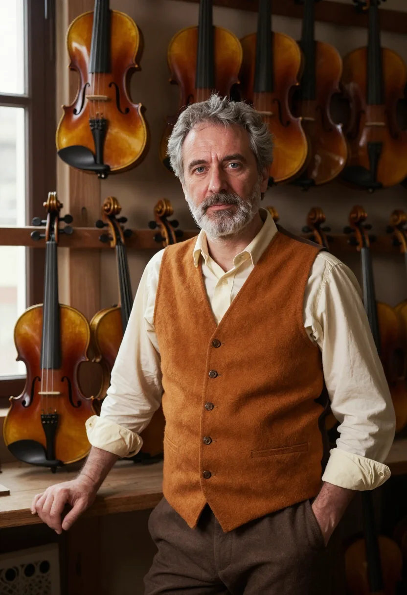 AI luthier cremona varnish amber sample — portrait of a man, framed half-length, cropped at the hips,