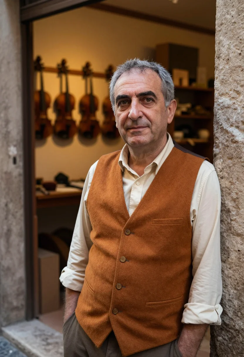 AI luthier cremona varnish amber sample — portrait of a man, framed chest-up, cropped at the ribs, the