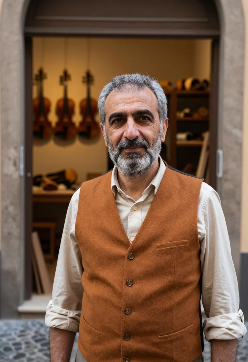 AI luthier cremona varnish amber sample — portrait of a man, framed tight, head and shoulders, the bod