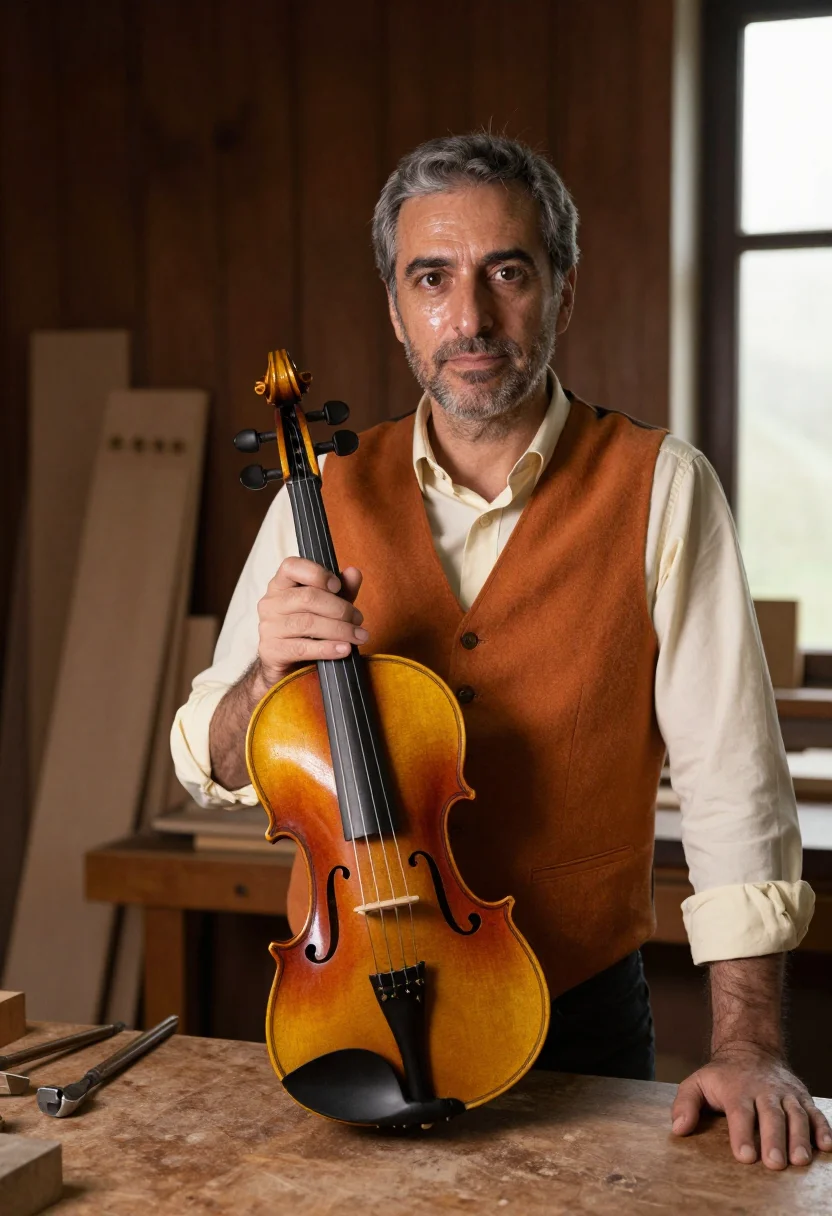 AI luthier cremona varnish amber sample — portrait of a man, framed half-length, cropped at the hips,