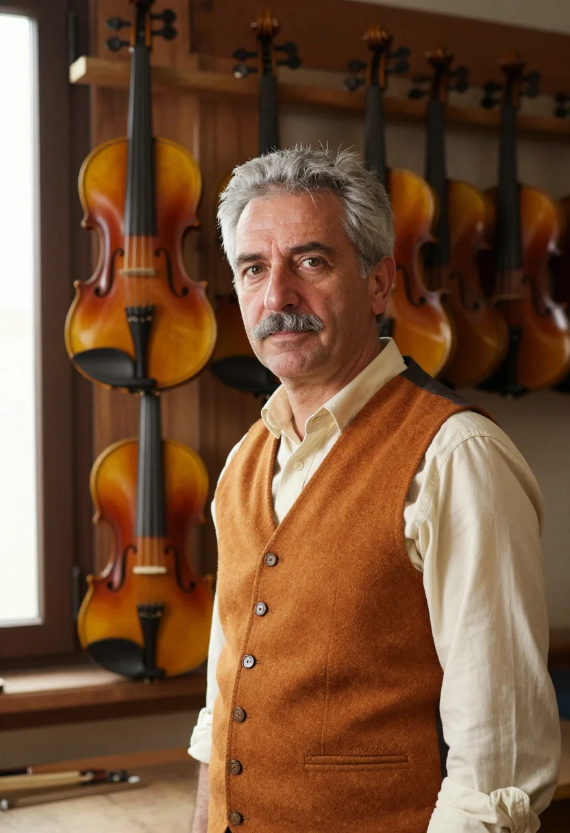 AI luthier cremona varnish amber sample — portrait of a man, framed chest-up, cropped at the ribs, the