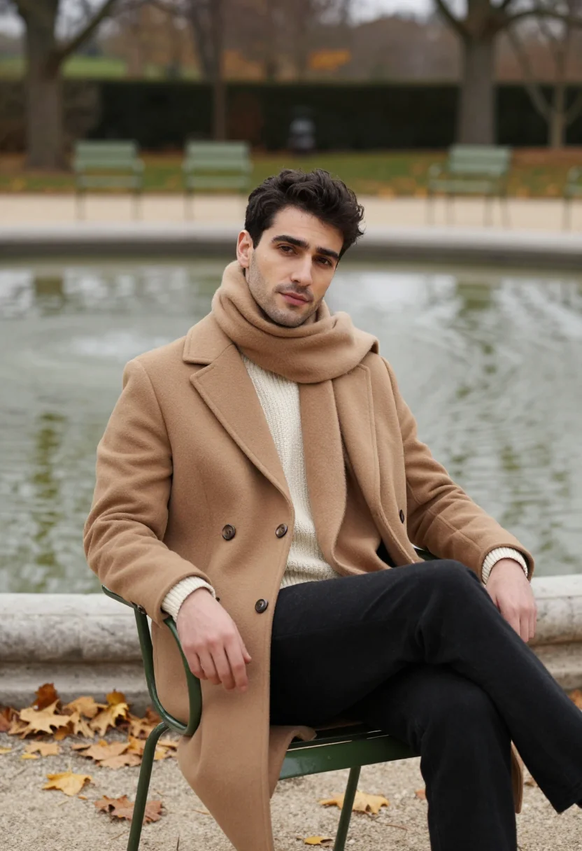 AI luxembourg garden november camel sample — portrait of a man, framed three-quarter length from the head