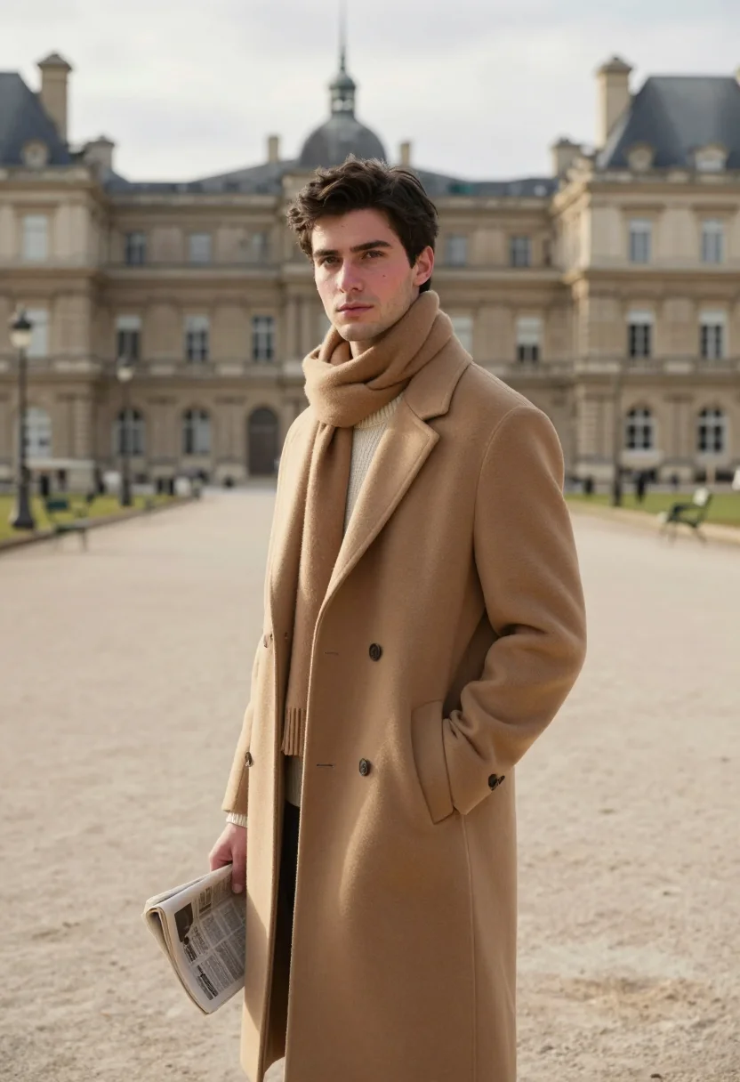 AI luxembourg garden november camel sample — portrait of a man, framed half-length from the head to the w