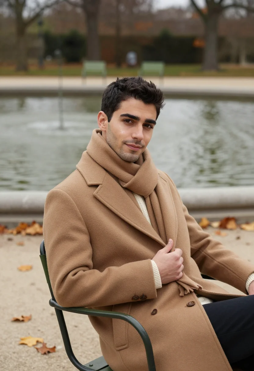 AI luxembourg garden november camel sample — portrait of a man, framed chest-up, cropped at the ribs, the