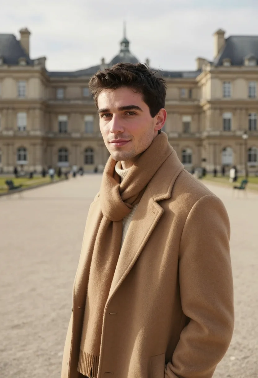 AI luxembourg garden november camel sample — portrait of a man, framed tight, head and shoulders, the bod
