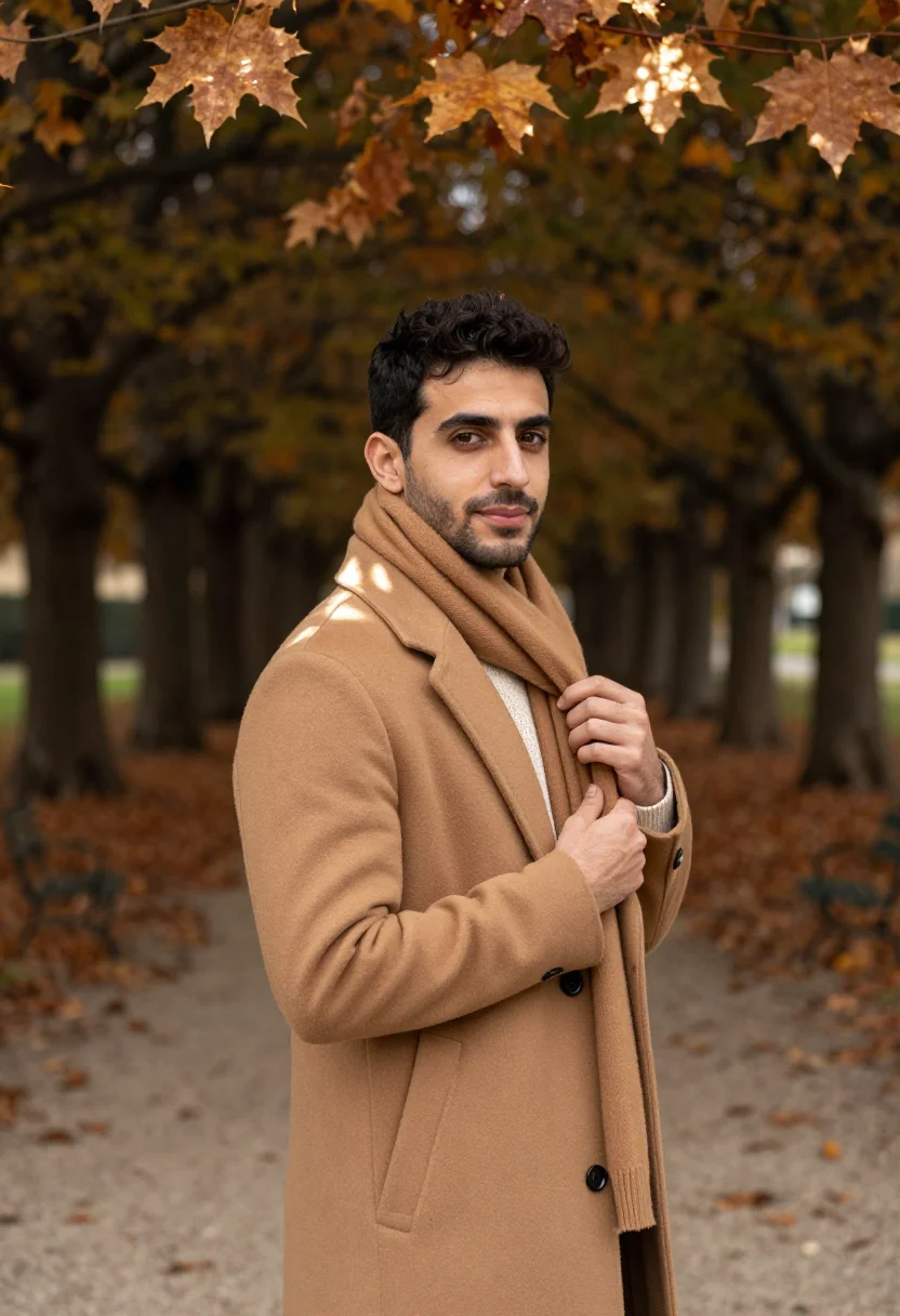 AI luxembourg garden november camel sample — portrait of a man, framed chest-up, cropped at the ribs, the