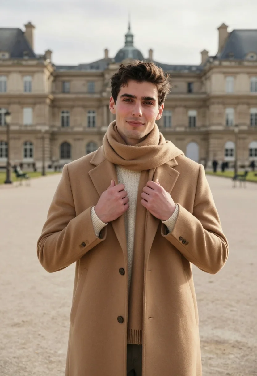 AI luxembourg garden november camel sample — portrait of a man, framed chest-up, cropped at the ribs, the